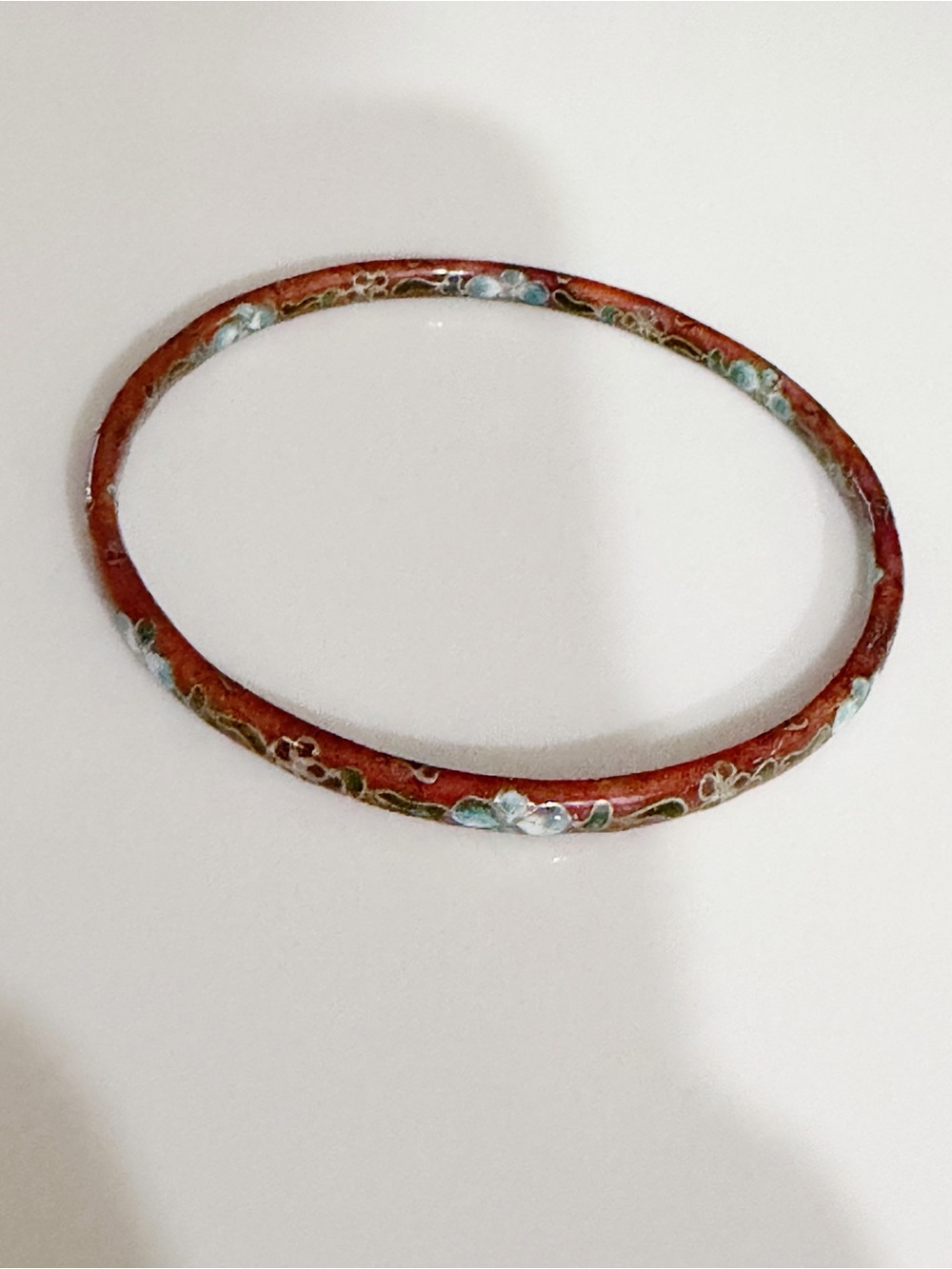 VINTAGE 80s Boho Floral Cloisonné Enamel Bangle Bracelet - Deep Red / Rust